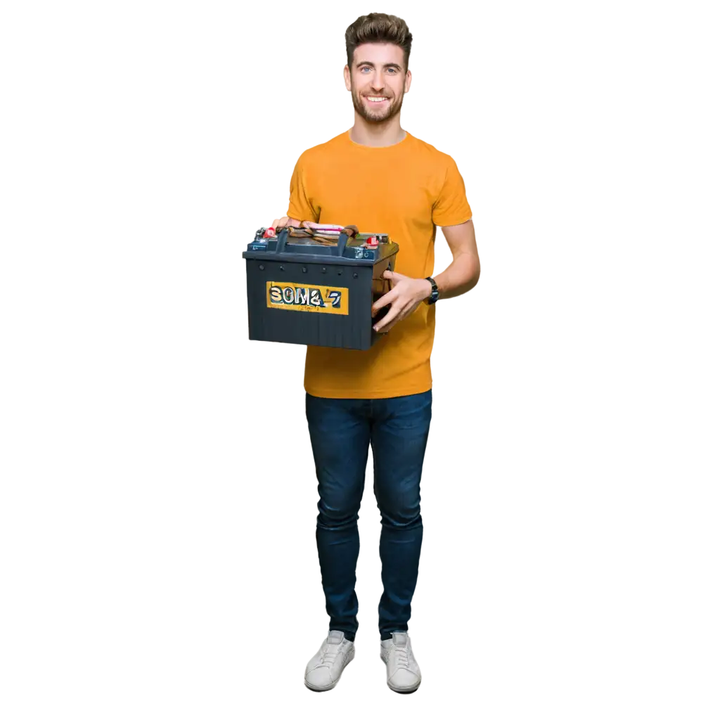 FULL SIZE MAN IN YELLOW T SHIRT HOLDING A CAR BATTERY IN HANDS