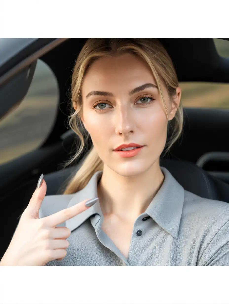 Relaxing at Ferrari sport car Beautiful elegant girl long blonde  hair on head look direct to camera wearing Armani classical casual grey dress