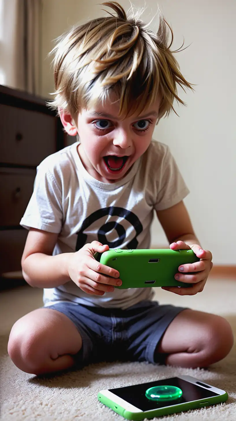 Energetic Young Boy Engaged in Playful Exploration with Mobile Device