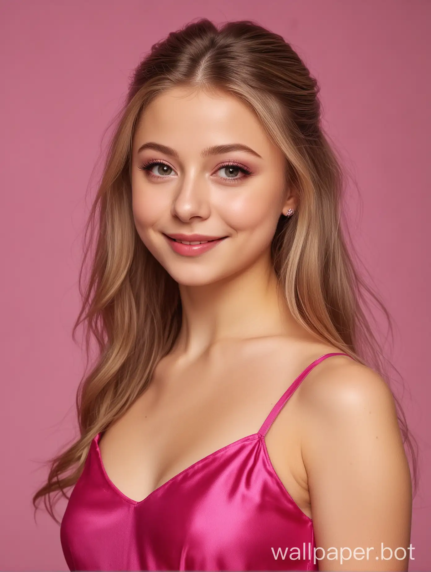 Yulia Lipnitskaya with soft facial features, with long straight silky hair in a pink fuchsia silk slip dress, smiles beautifully