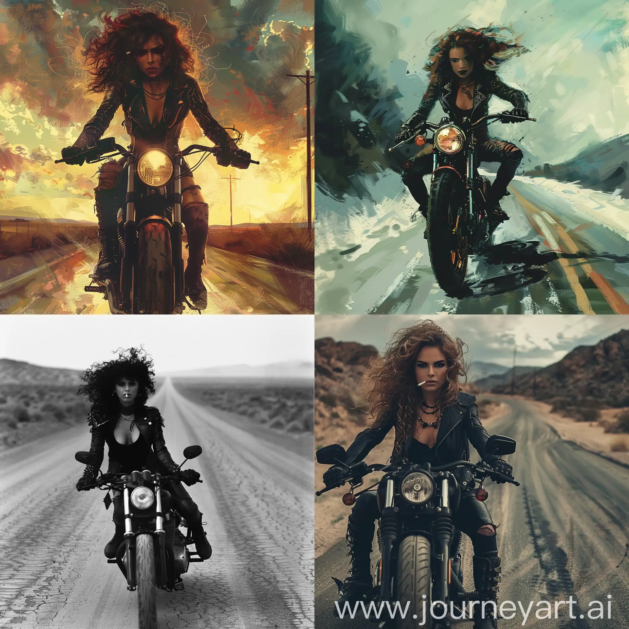 Motorcyclist-Riding-Down-Deserted-Road-in-Stylish-Black-Outfit
