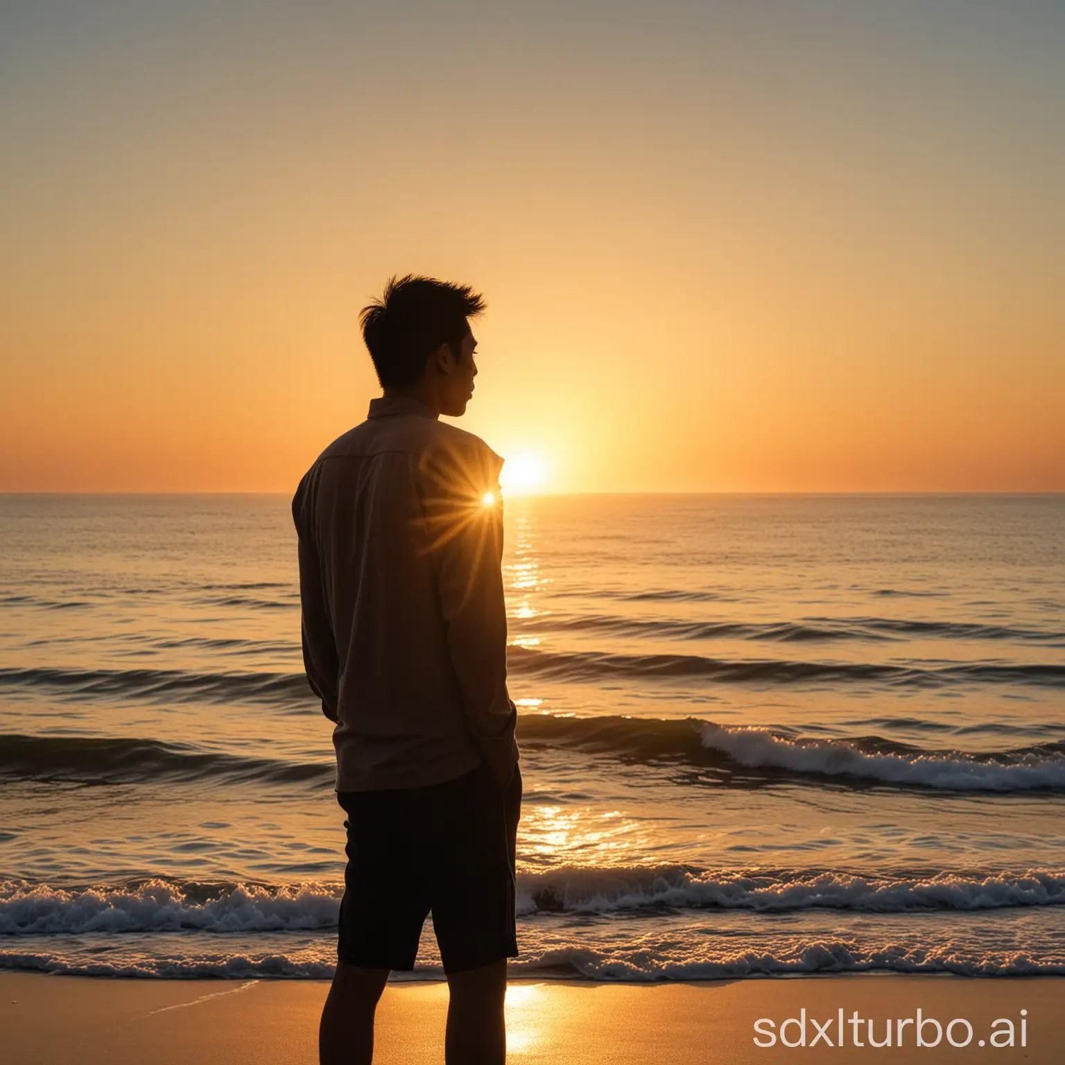 A strong and handsome Chinese man with a parted hair stands by the sea watching the sunrise silhouette.