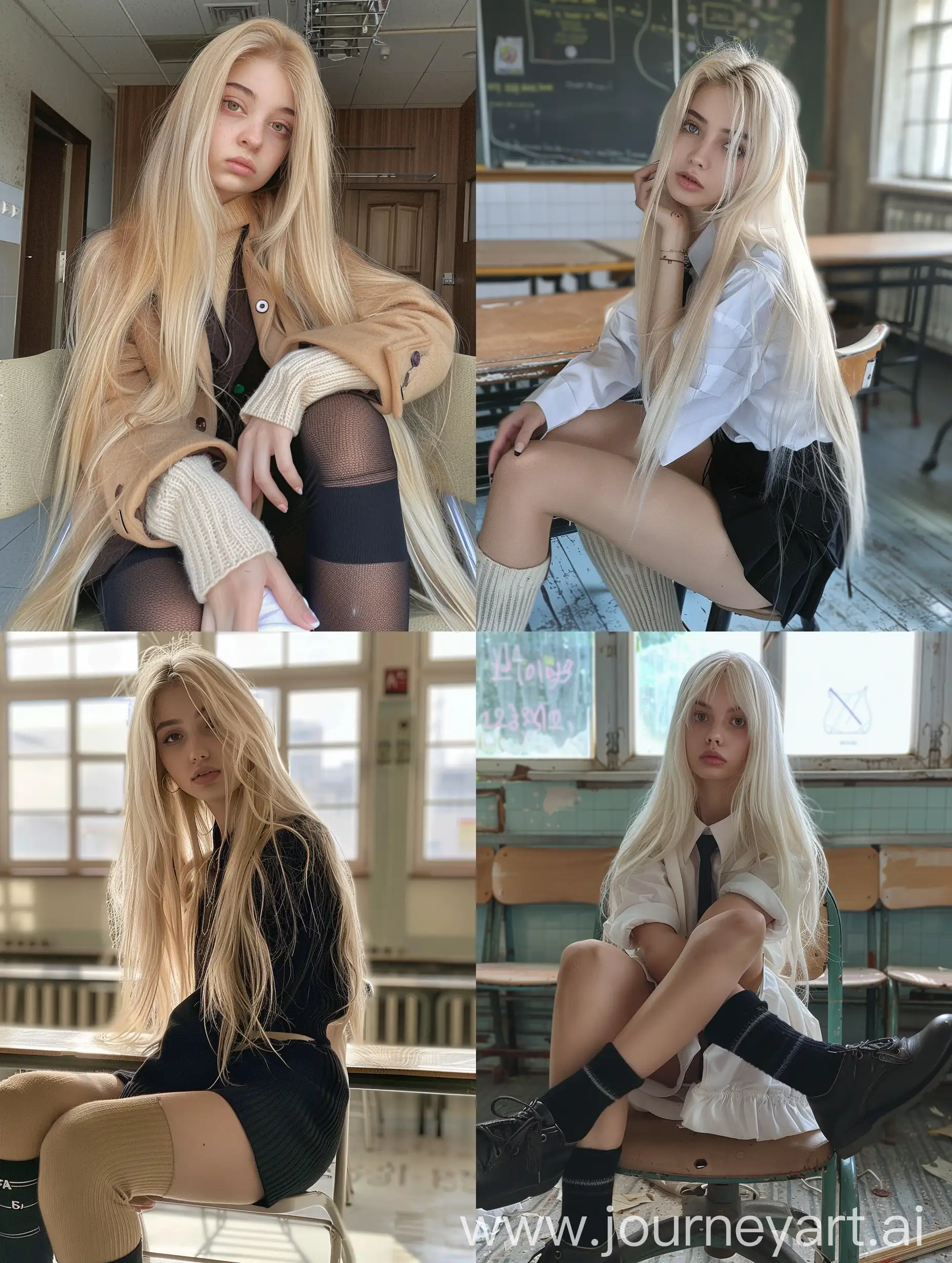 1 Ukrainian girl, long blond hair , 22 years old, influencer, beauty , in the school ,school japan  uniform , makeup,, chão view, sitting on chair , socks and boots, no effect, selfie , iphone selfie, no filters , iphone photo natural