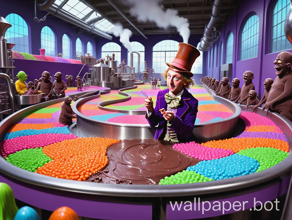 Willie Wonka's incredibly amazing Chocolate Factory. In the background are Oompah Loompas hard at work making candy. There are chocolate streams, extremely colourful, mystical fantasy, sharp image, highly detailed.