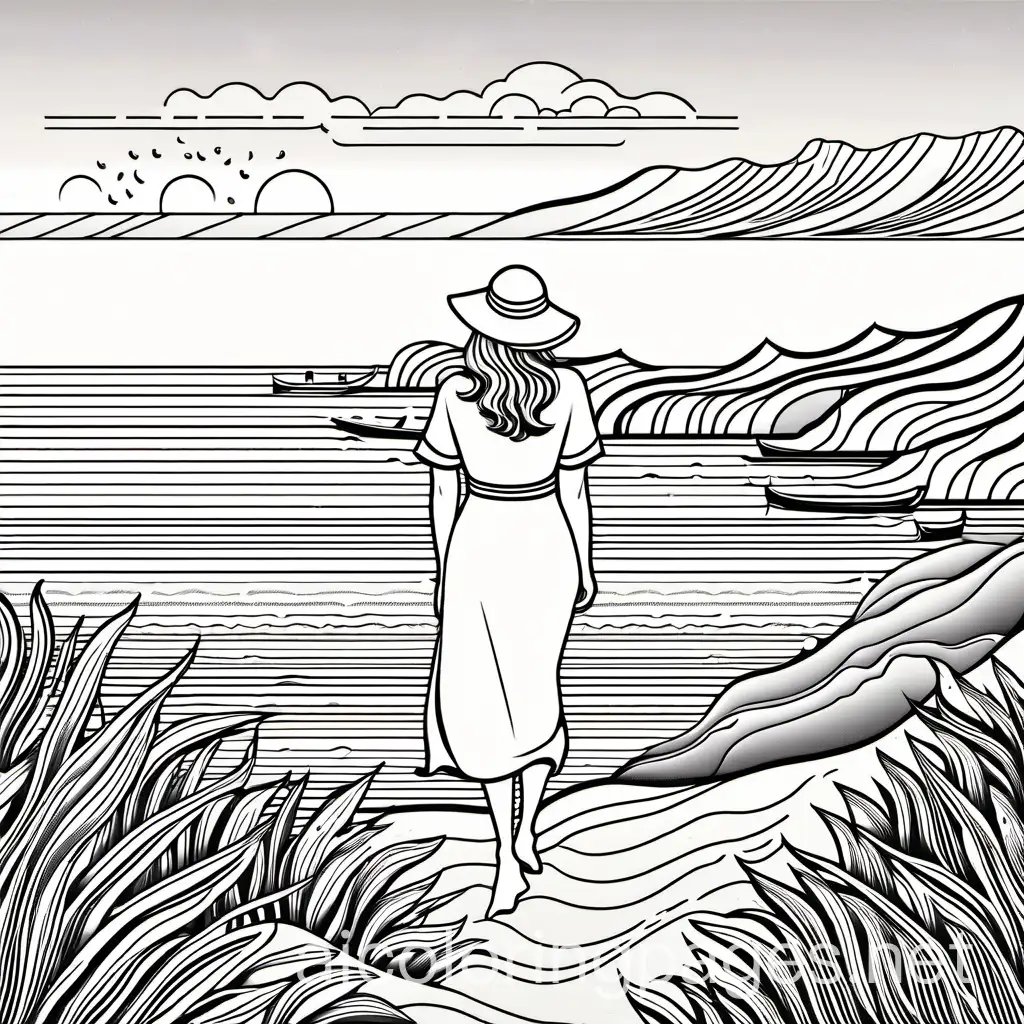 una donna vicino al mare, Coloring Page, black and white, line art, white background, Simplicity, Ample White Space. The background of the coloring page is plain white to make it easy for young children to color within the lines. The outlines of all the subjects are easy to distinguish, making it simple for kids to color without too much difficulty