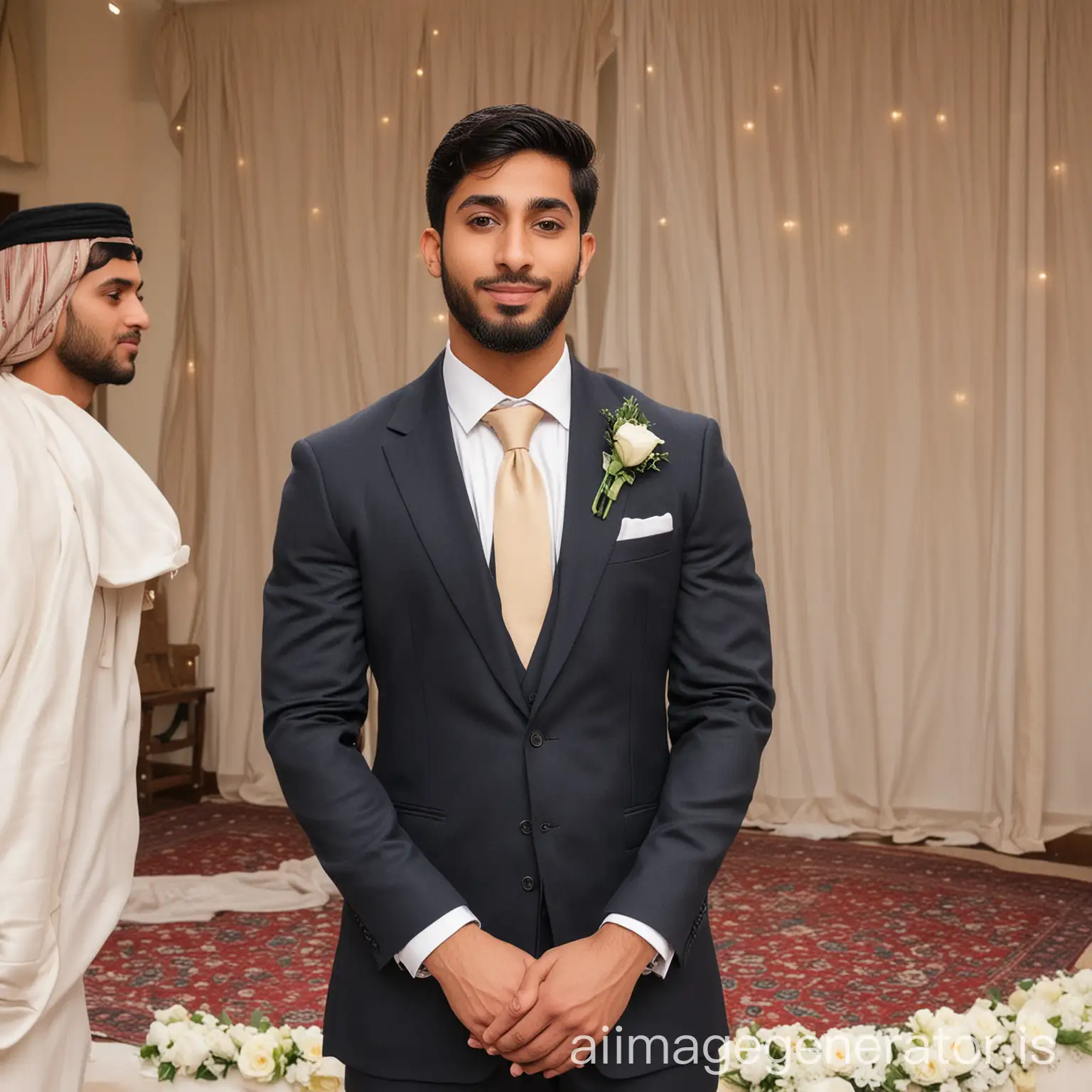half Lombard language speaker and half Pakistani Punjabi male young man in suit with tie in wedding Muslim with Muslim attire