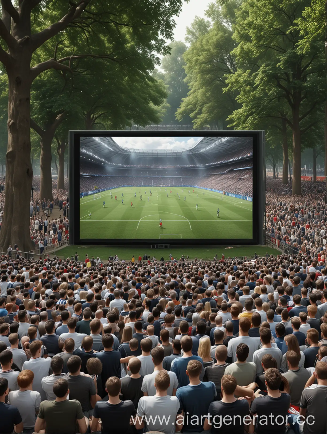 football fans, park, sick screen, watching football, hyper realism