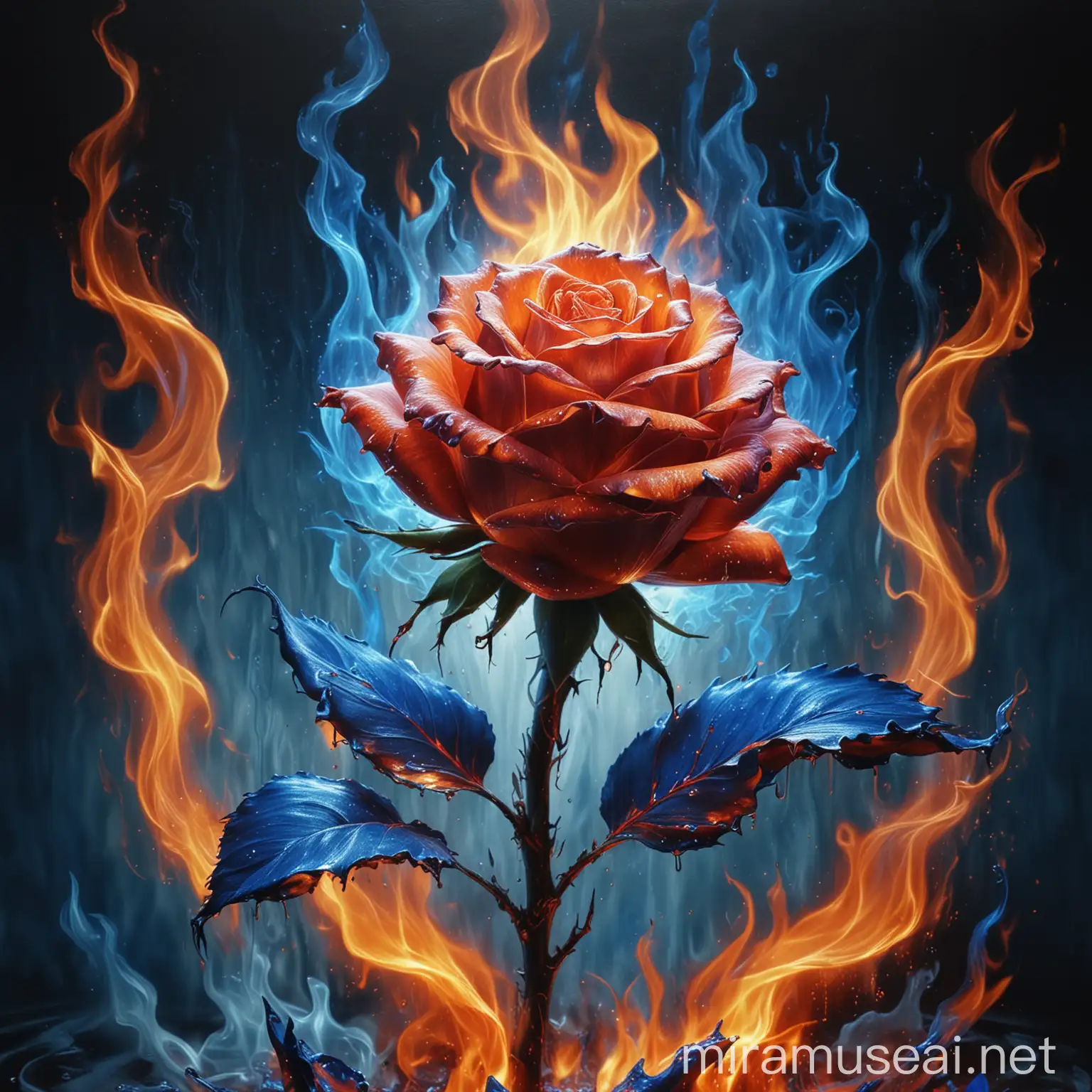 a rose on fire with blue flames in a metallic environment