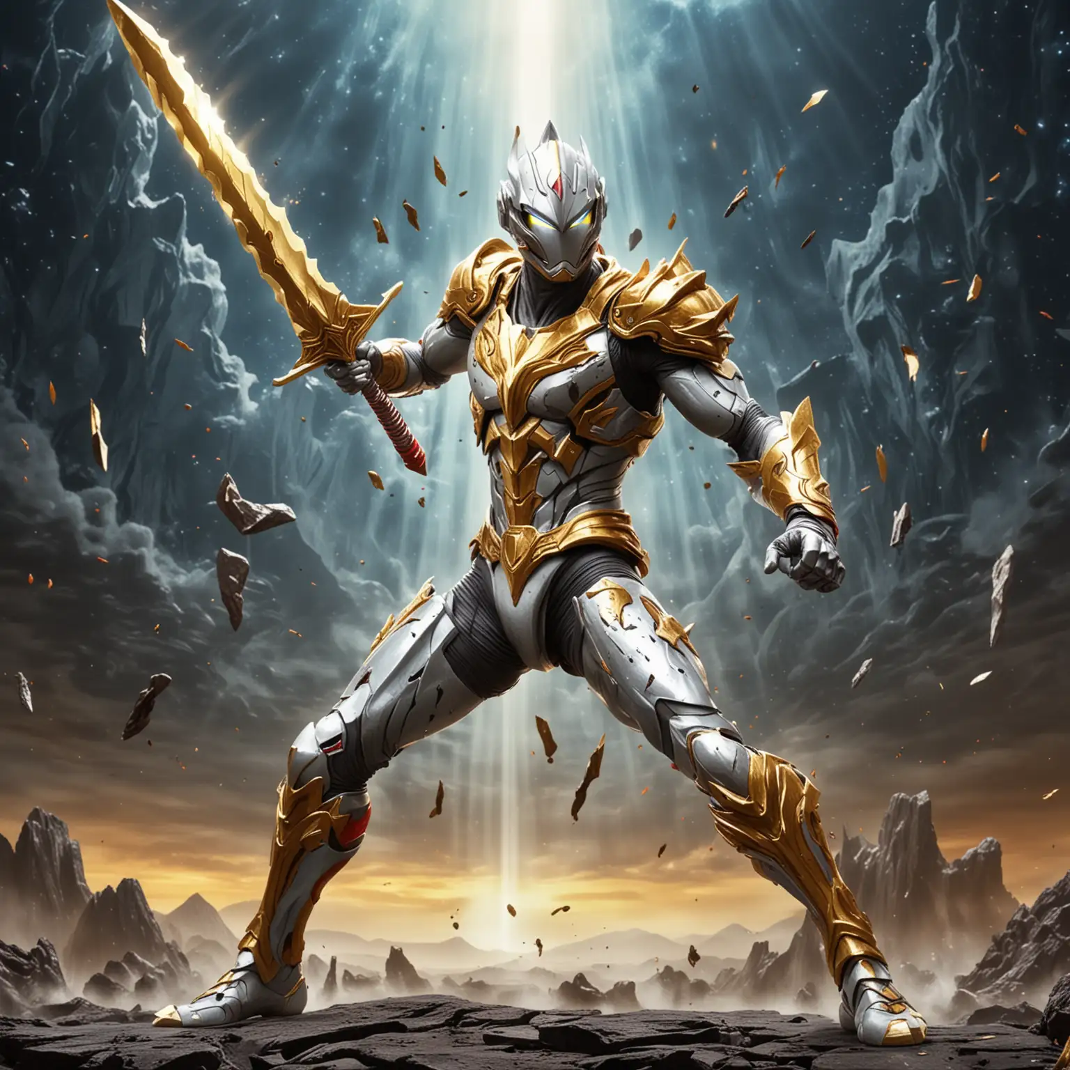 cartoon animation Ultraman wielding golden sword chopping monster background space
