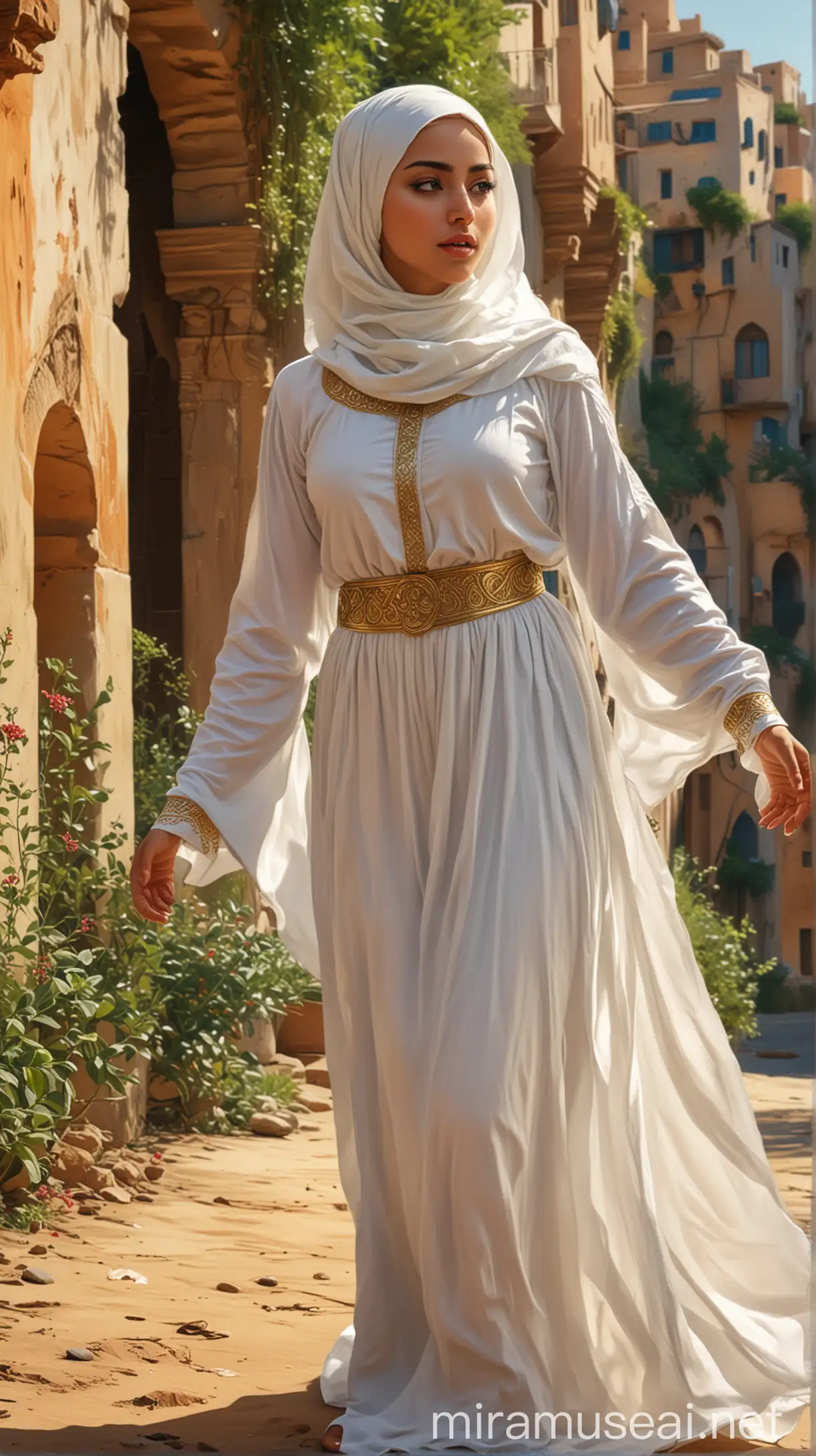 Graceful Arab Woman in White Hijab Standing Amid Vibrant Surroundings