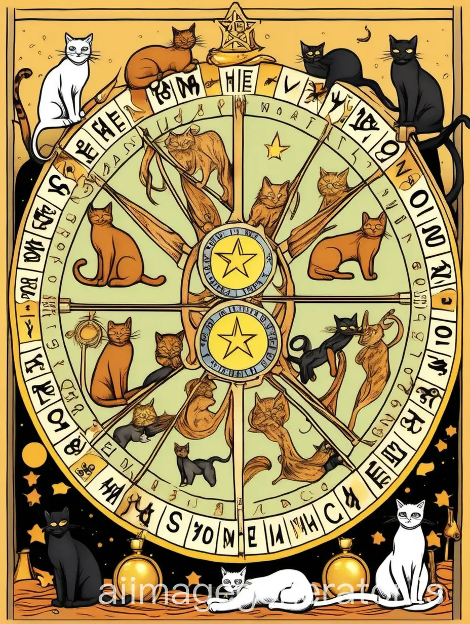 generate the tarot card 'The Wheel of Fortune': A fair-style wheel of fortune with cats on top in the style of Witchcraft Symbol
