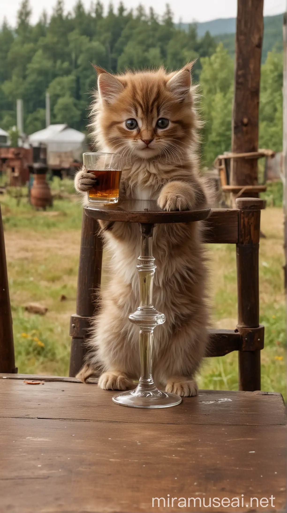 маленький пушистый котенок сидит на стуле за столом и держит в одной лапе стакан с ромом и на заднем фоне завод и лес