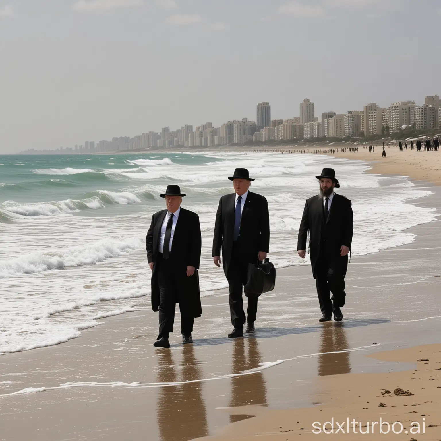 ultra orthodox  hasidic  men walking on a beach
with donald trump
