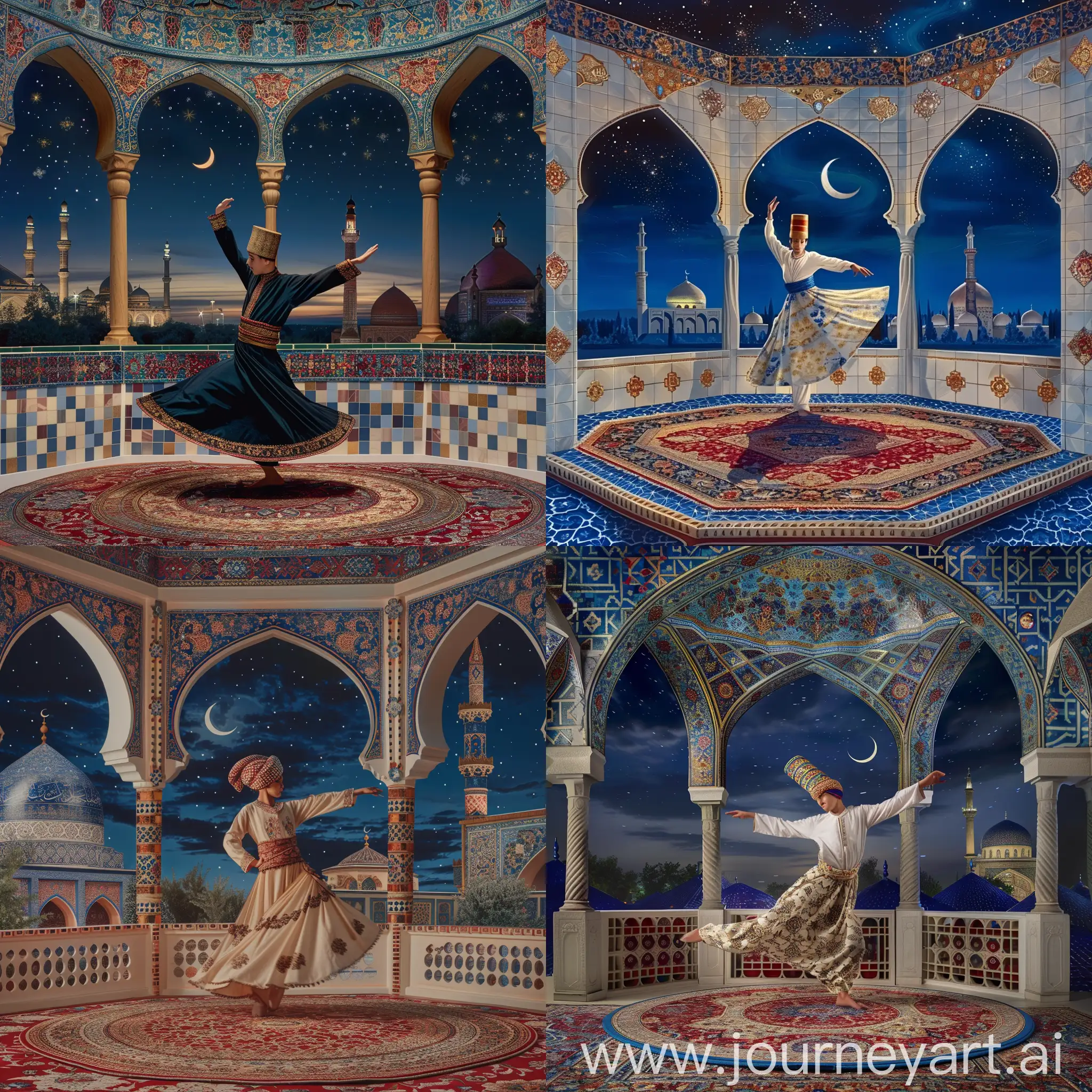 A young British dervish wearing cylindrical fez cap performing sufi whirling sema dance on a persian carpet, inside an octagonal balcony having three arches decorated with red blue gold persian floral motifs, serene night sky with a crescent, view of Persian tiled mosque, White blue red golden composition  --sref https://shorturl.at/8HVyW --sw 999 --style raw --q 1 --s 999 --ar 2:3 