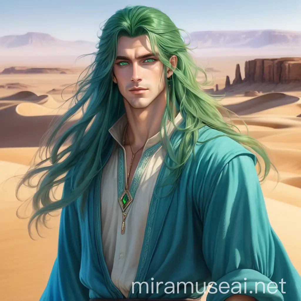 a handsome european man with green eyes, green long hair and in power blue airy desert clothes, full outfit