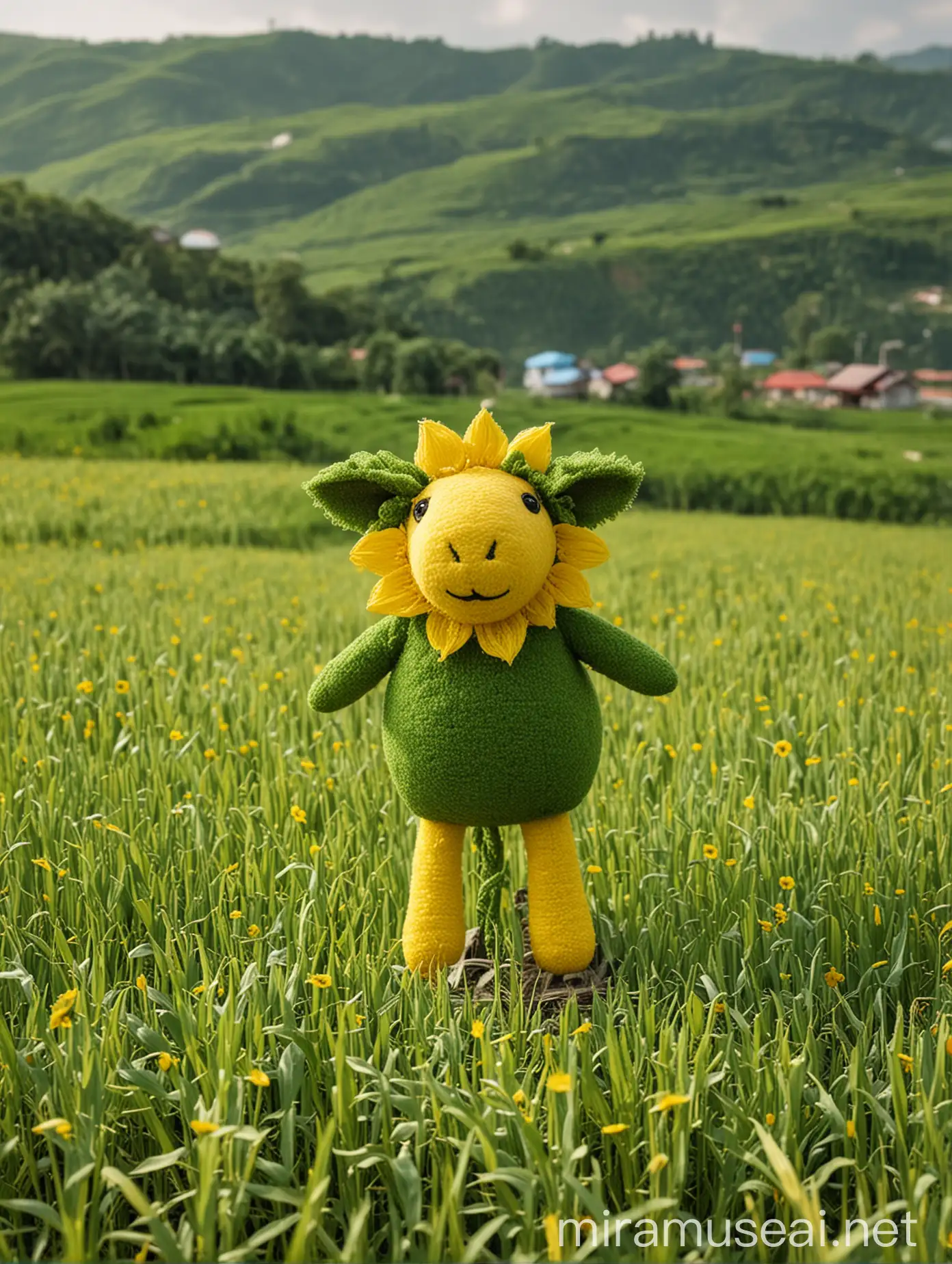 一只西兰花组成的绿色绵羊站在金黄的稻田旁