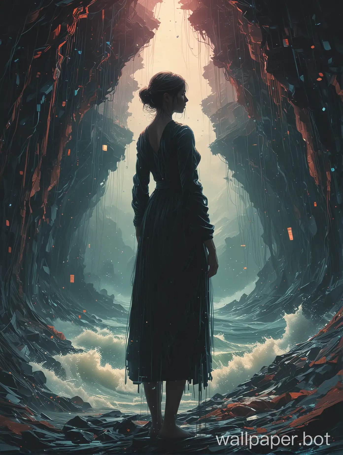 (Painting by Beeple) Amidst the torrent of digital data, a lone figure stands, overwhelmed by the sheer volume of information. Her silhouette is engulfed by swirling data streams, highlighting the struggle to navigate the complexities of the tech-driven world. 