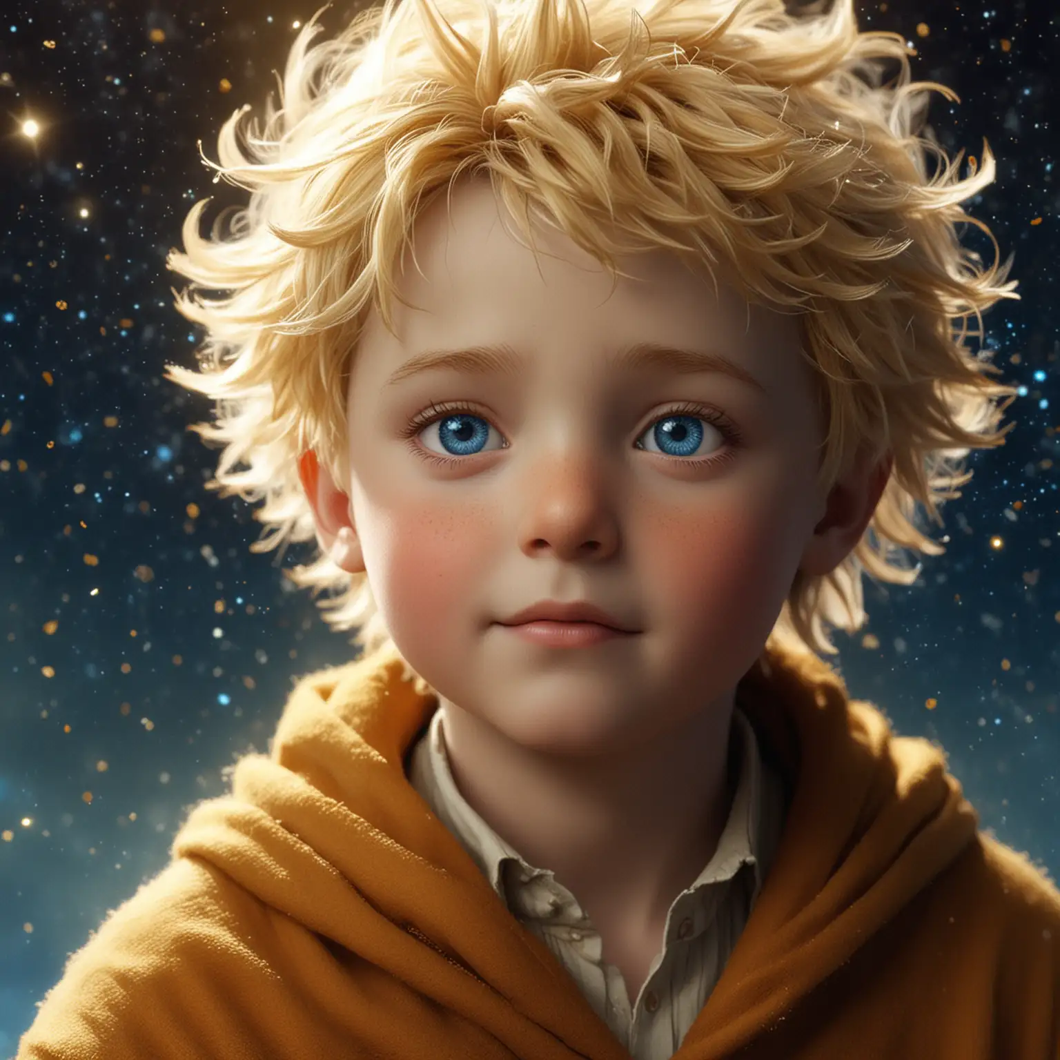 In Antoine de Saint-Exupéry's "The Little Prince," the titular character is depicted as a charming and endearing young boy with a distinct physical appearance. The Little Prince is described as having golden hair, reminiscent of the sun's rays, which frames his face in a halo of light. His hair is soft and tousled, reflecting his carefree and adventurous spirit as he journeys across the universe.

His face is characterized by big blue eyes that sparkle with curiosity and innocence, reflecting his pure and gentle soul. His eyes are described as windows to his heart, conveying a depth of emotion and wisdom beyond his years. The Little Prince's features are delicate and angelic, evoking a sense of wonder and enchantment in those who encounter him.

In terms of attire, the Little Prince is typically depicted wearing a simple outfit consisting of a long, flowing cloak or tunic, often adorned with a sash or belt. His clothes are reminiscent of a royal robe, symbolizing his noble and regal bearing despite his humble origins. The fabric of his clothing is soft and lightweight, allowing him to move freely as he explores the wonders of the universe.

Overall, the Little Prince's physical appearance embodies the innocence, curiosity, and purity of heart that define his character. His golden hair, blue eyes, and flowing garments capture the imagination and captivate readers, inviting them to join him on his journey of self-discovery and exploration of the mysteries of the universe.