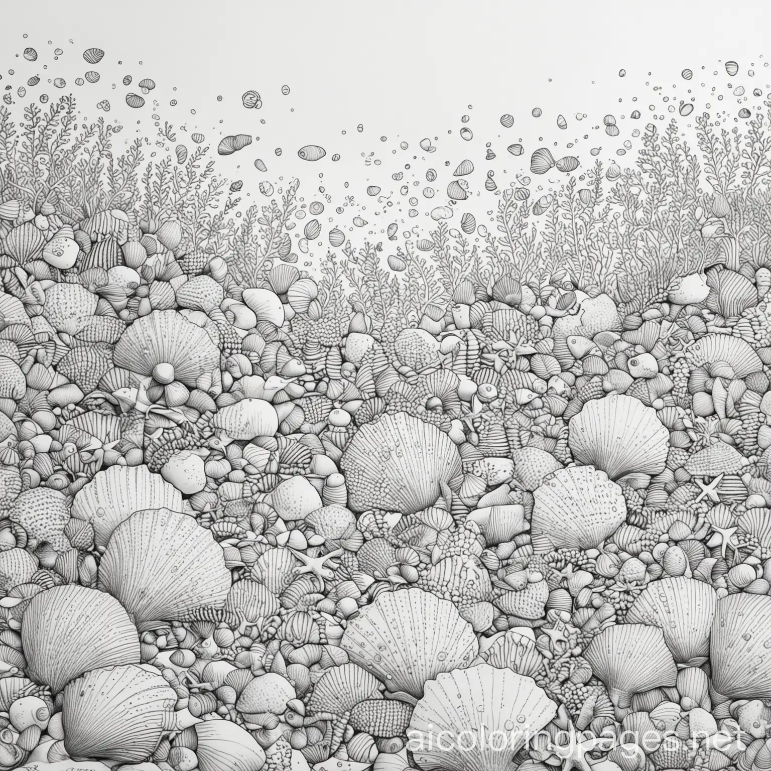 Under-the-Sea-Coloring-Page-with-Shells-Black-and-White-Line-Art
