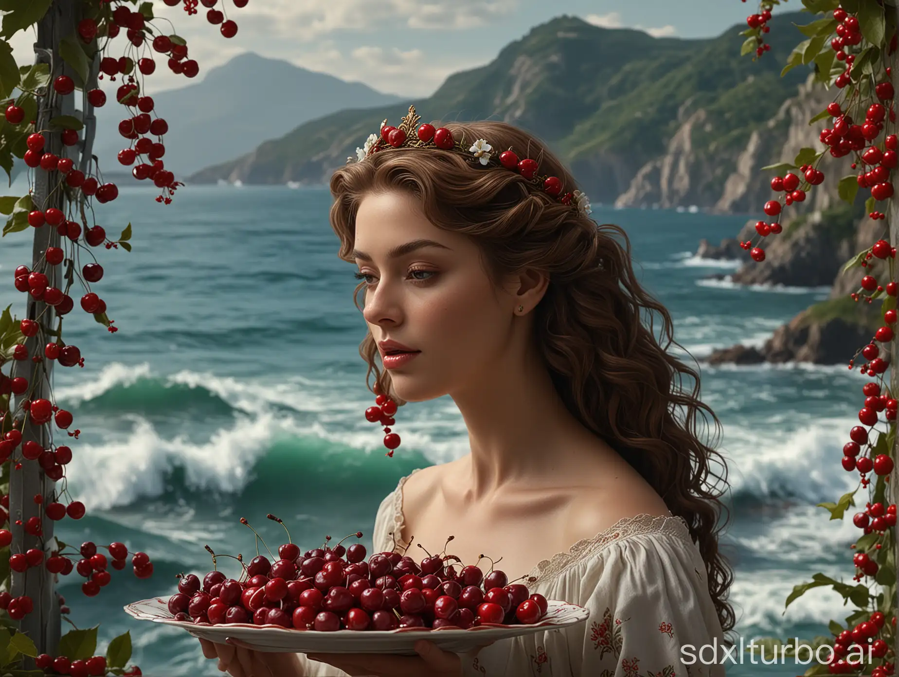 A hyper-realistic, cinematic, detailed, close up image of a serene and graceful woman with cascading wavy brown hair, standing before the word 'TEDAI' formed eating red cherries on a platter, wearing a crown of vibrant cherries flowers and leaves, with a backdrop of the Black Sea with waves and rolling hills.