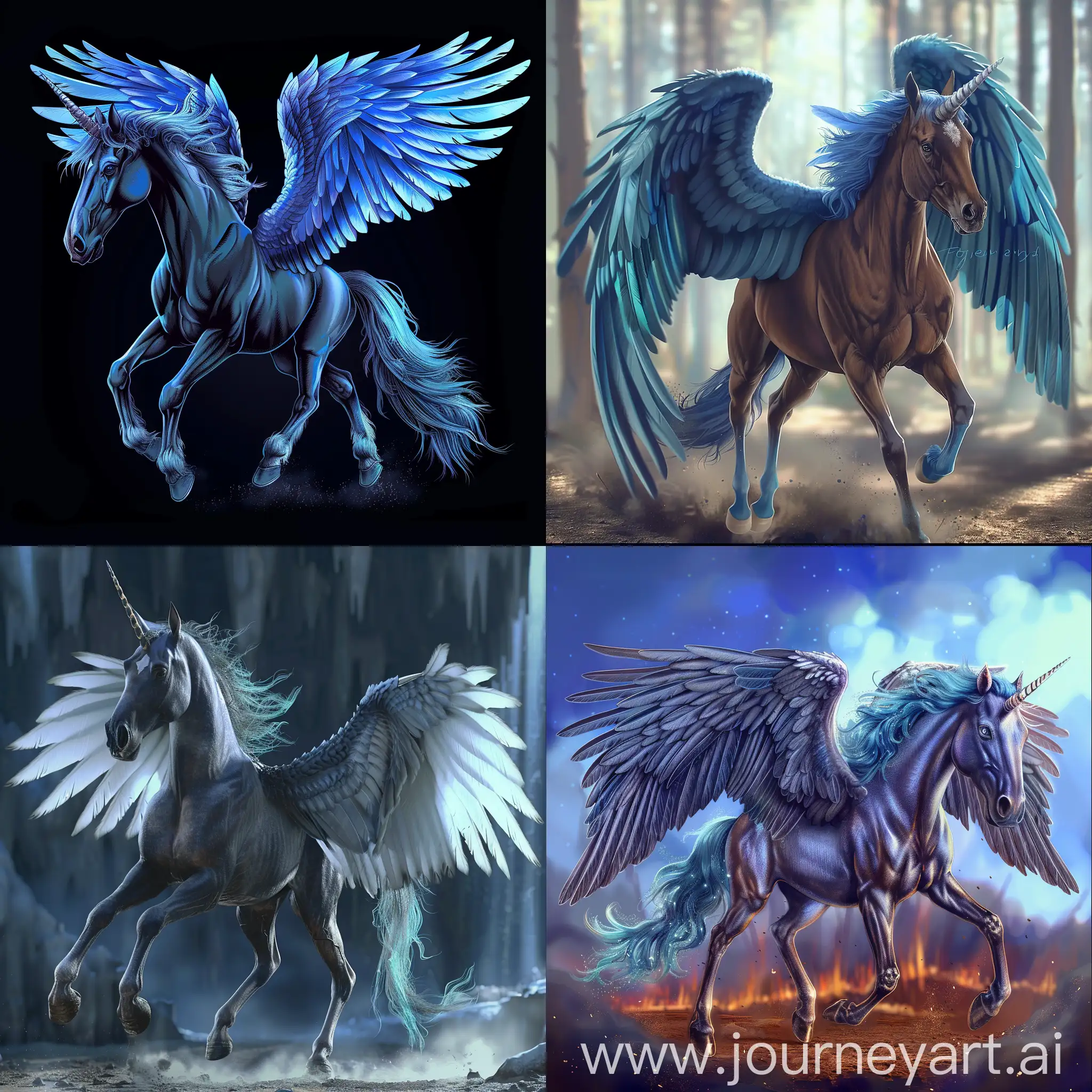 Pegasus, a powerful beautiful horse with spread wings, blue color, dramatic