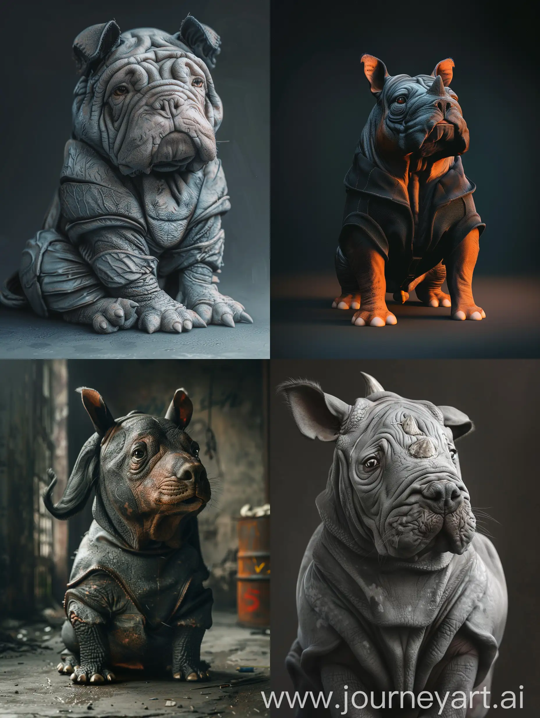 Make me a dog mixed with a rhinoceros in the same body,a dog that looks like a rhinoceros full body,high resolution,Cinematic,amazing,masterpiece,epic,Beautiful Lighting,insanely detailed and intricate,16k —ar 3:4