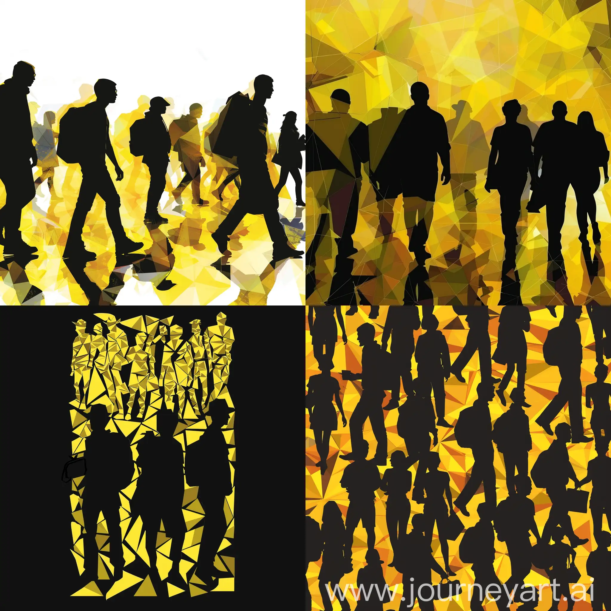 Silhouette of yellow polygons of tourists. The image has a tourist context
