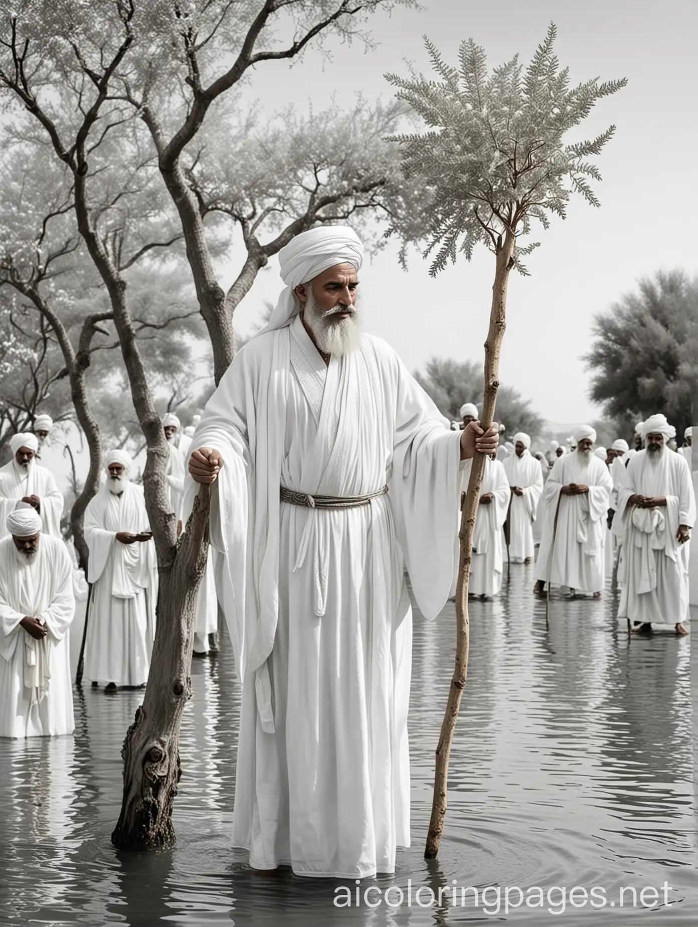 a religious middle east white man dressing white robe with woolly belt and white turban and white beard holding a tree stick standing in the water surrounded by  majestic people dressing white robs with woolly belts and white turbans coming out of heaven, sharp, Coloring Page, black and white, line art, white background, Simplicity, Ample White Space. The background of the coloring page is plain white to make it easy for young children to color within the lines. The outlines of all the subjects are easy to distinguish, making it simple for kids to color without too much difficulty