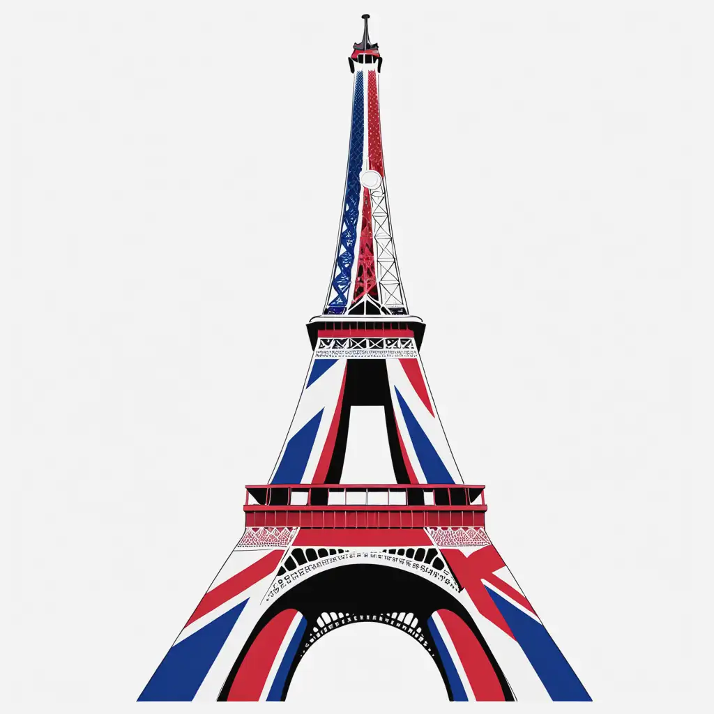 Eiffel Tower in Great Britain Flag Colors Against White Background