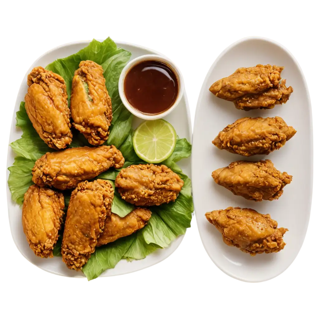 A top view photo of Shawarma Roll and Chicken fried Wings, in a single white oval plate.