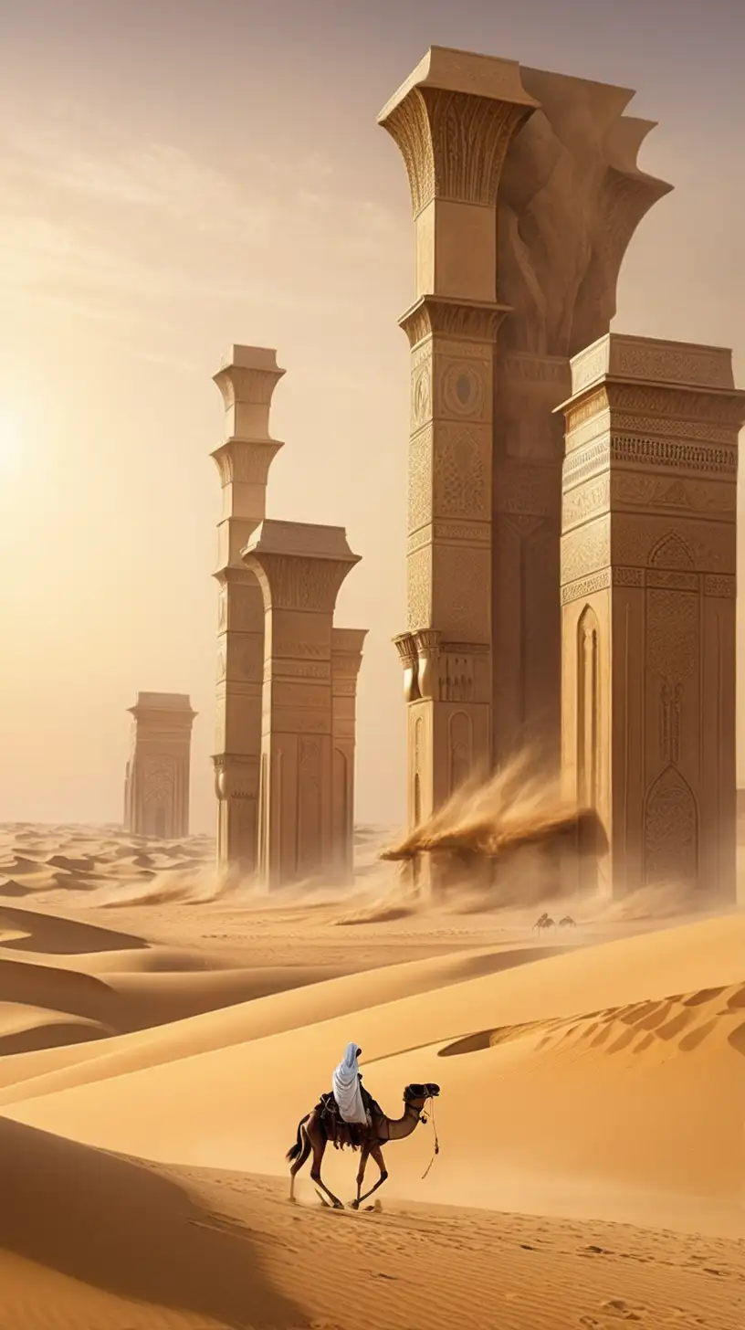 background: hyper real

Iram of the Pillars (Empty Quarter, Arabia):  Nicknamed the "Atlantis of the Sands," Iram is mentioned in the Quran as a city destroyed for its wickedness.  Legends describe it as a wealthy and technologically advanced metropolis. 
