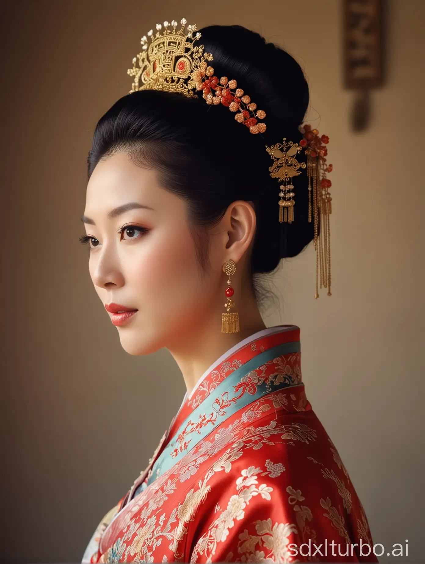 With a queenly noble temperament, a dignified countenance, clad in traditional Chinese clothing, hair piled high.