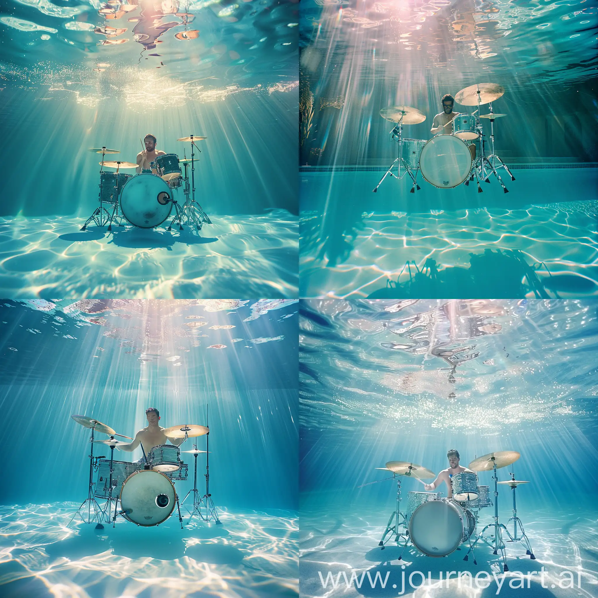 A drummer playing drums whole floating in a big swimming pool with sunrays shining through the blue water 