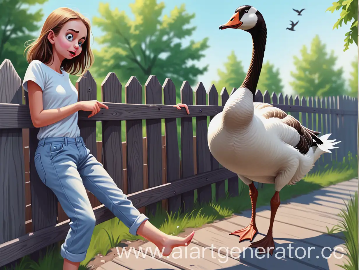 Girl-Hanging-on-Fence-with-Evil-Goose-Stuck-to-Pants