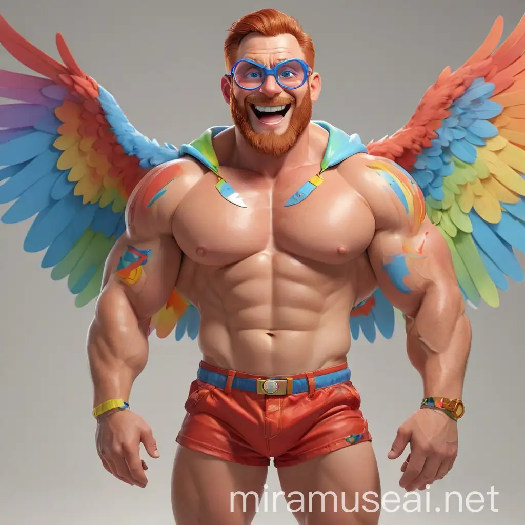 Studio Light Subtle Smile Topless 40s Ultra Beefy Red Head Bodybuilder Daddy Big Eyes with Beard Wearing Multi-Highlighter Bright Rainbow Colored See Through huge Eagle Wings Shoulder Jacket short shorts and Flexing his Big Strong Arm Up with Doraemon Goggles on forehead
