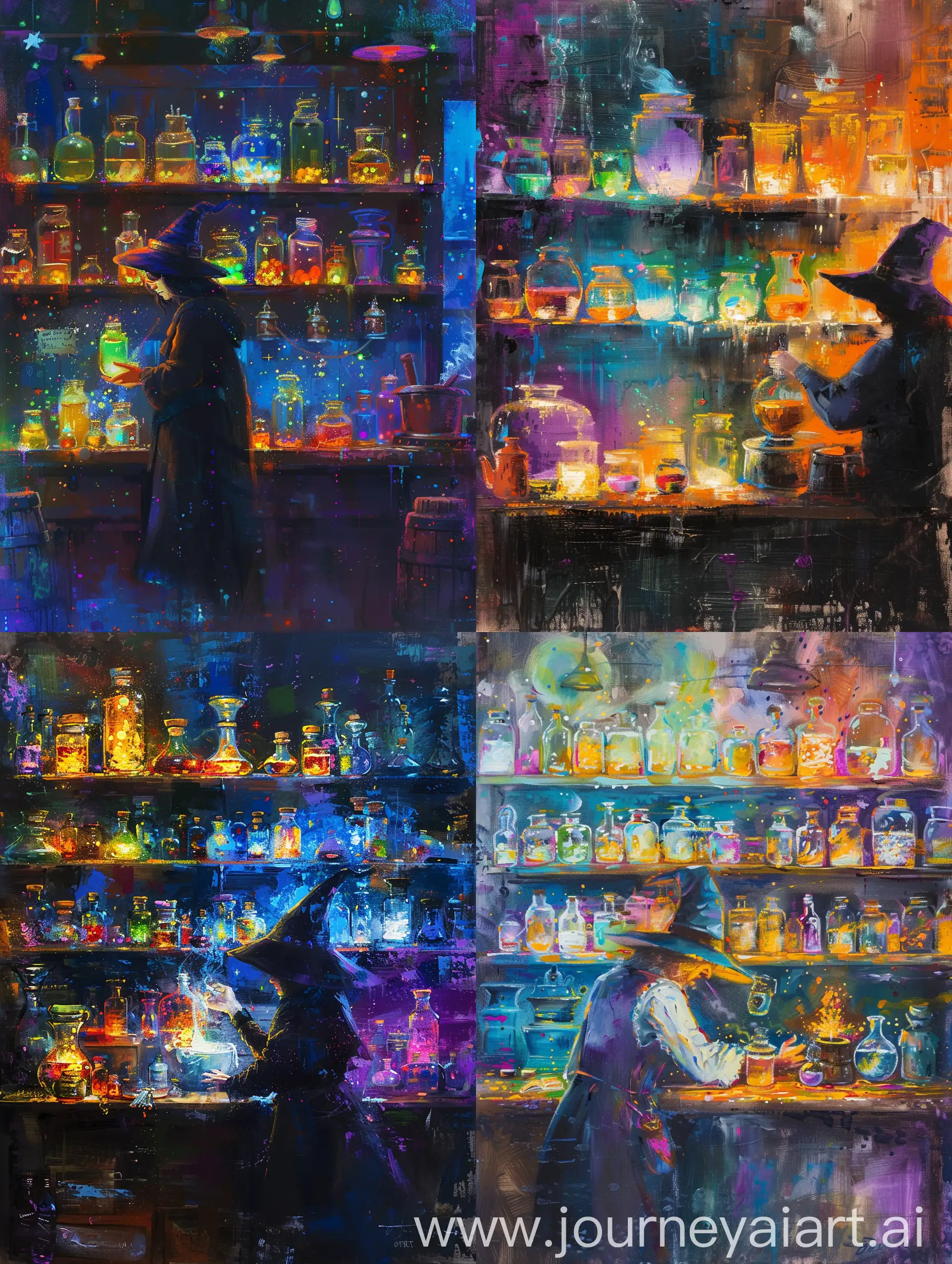 Abstraction painting.Shelves of glowing potions, a witchy shopkeeper concocting a spell, emphasizing the glow and magical details. 