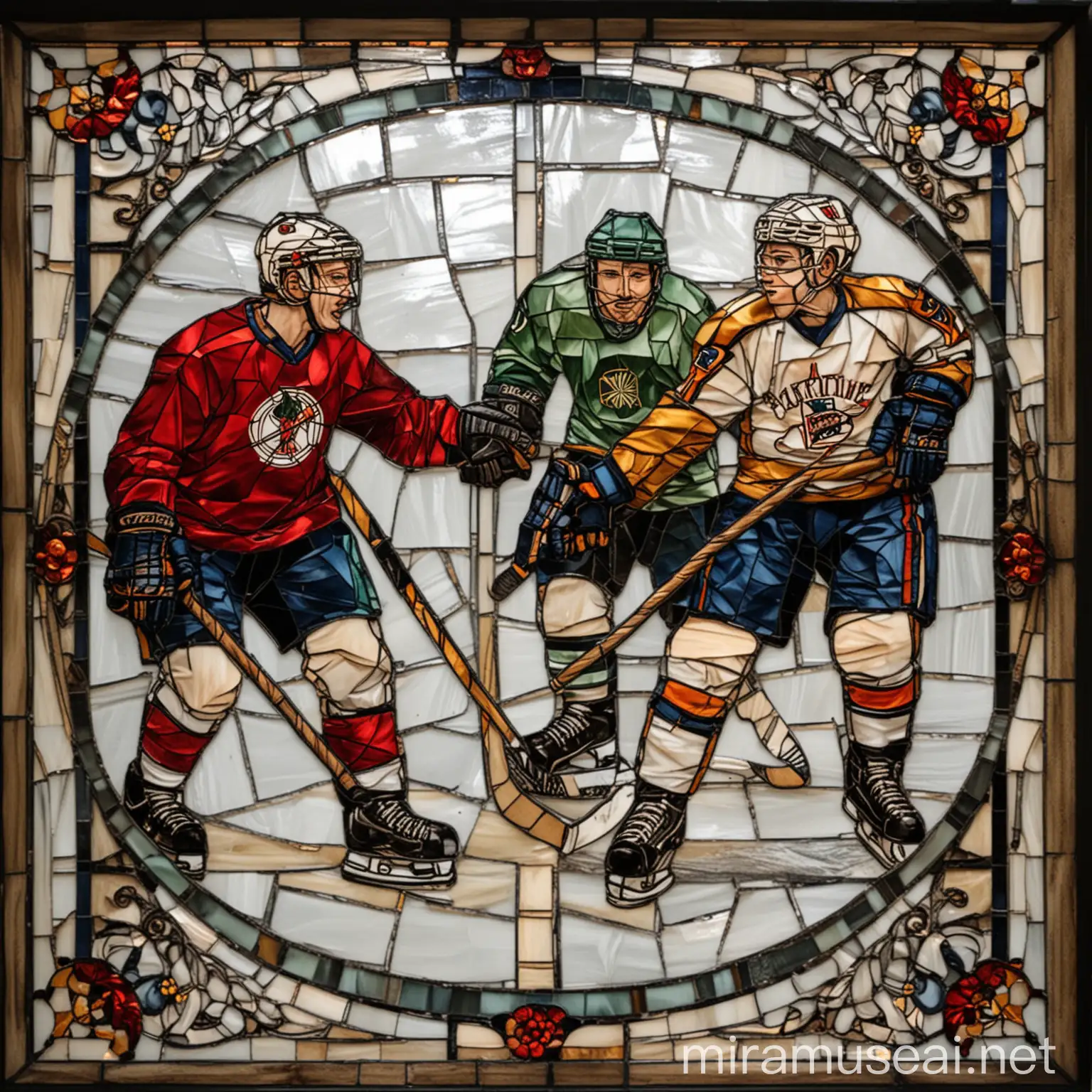 Витражная мозайка, на ней изображены хоккеисты играющие в хоккей
