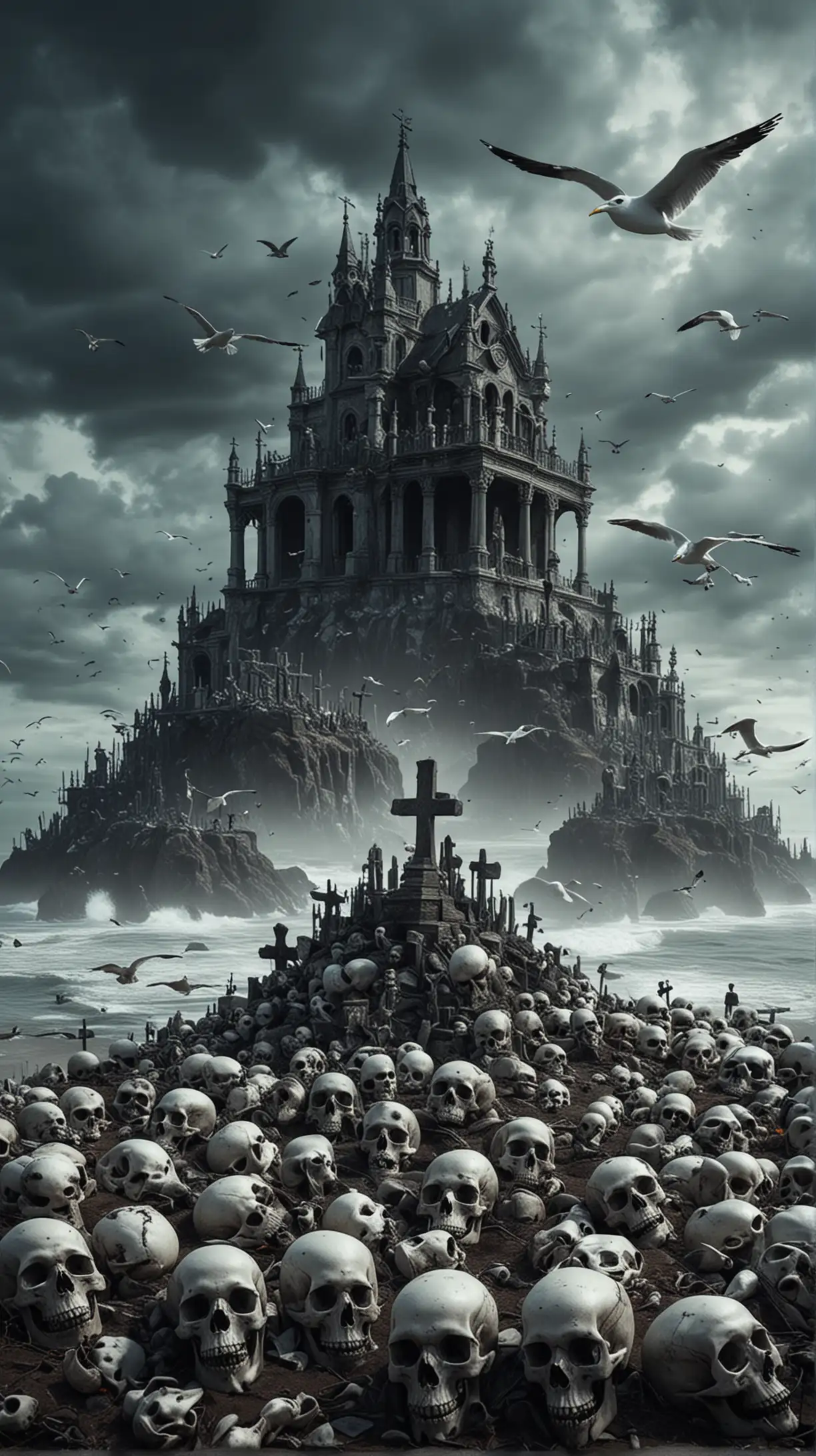 Make a mysterious place with full of skulls and seagulls sits on top of them. Make it look like a graveyard, 4k quality photo, amazing clear picture 