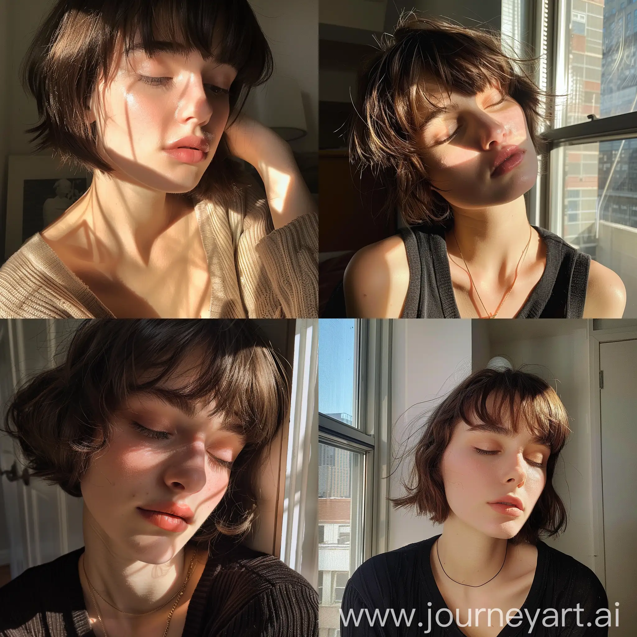 Aesthetic Instagram selfie of an 18 year old adorable girl, super model, bangs, short hair, NYC apartment, warm brown tones, looking down, eyelashes, chiseled jawline and cheekbones 