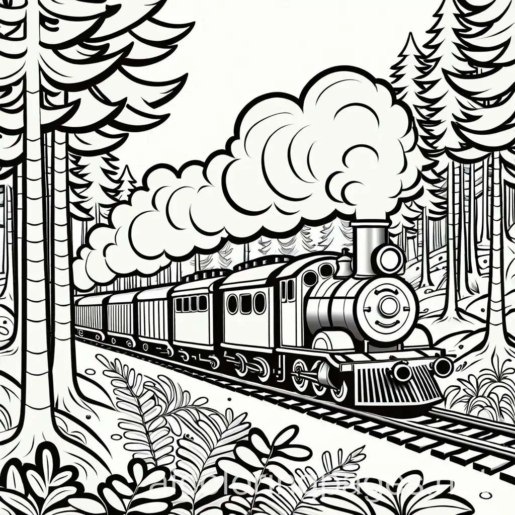 Cartoon train with locomotive and five cars, going through the forest , Coloring Page, black and white, line art, white background, Simplicity, Ample White Space. The background of the coloring page is plain white to make it easy for young children to color within the lines. The outlines of all the subjects are easy to distinguish, making it simple for kids to color without too much difficulty