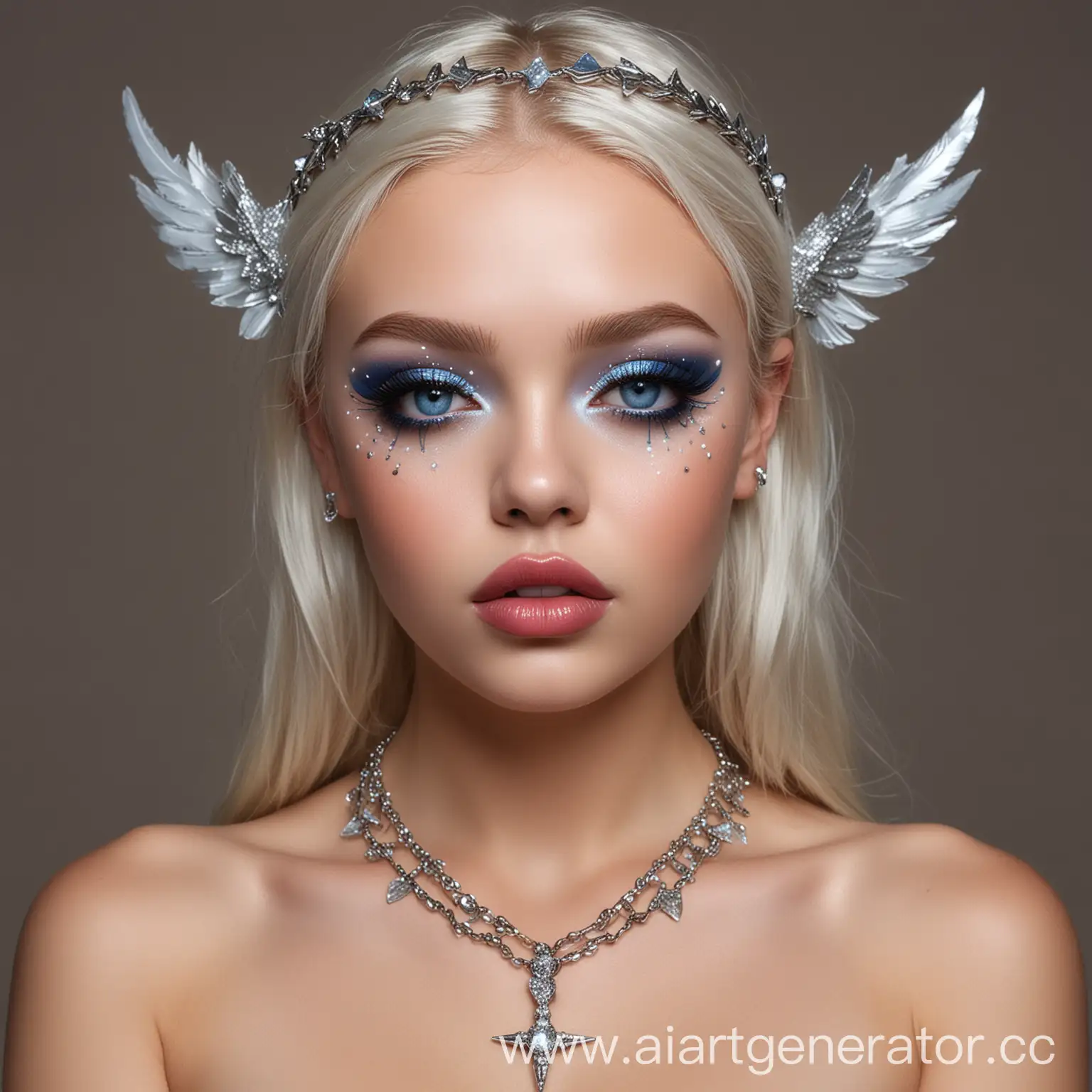 Девушка ангел, полуголая, с цепью бриллиантовой на шее, накрашенными глазами и губами со стрелками, голубые глаза, большие пухлые губы