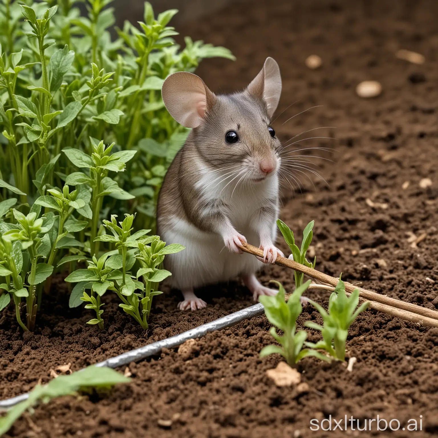 A mouse does gardening work, planting, etc.