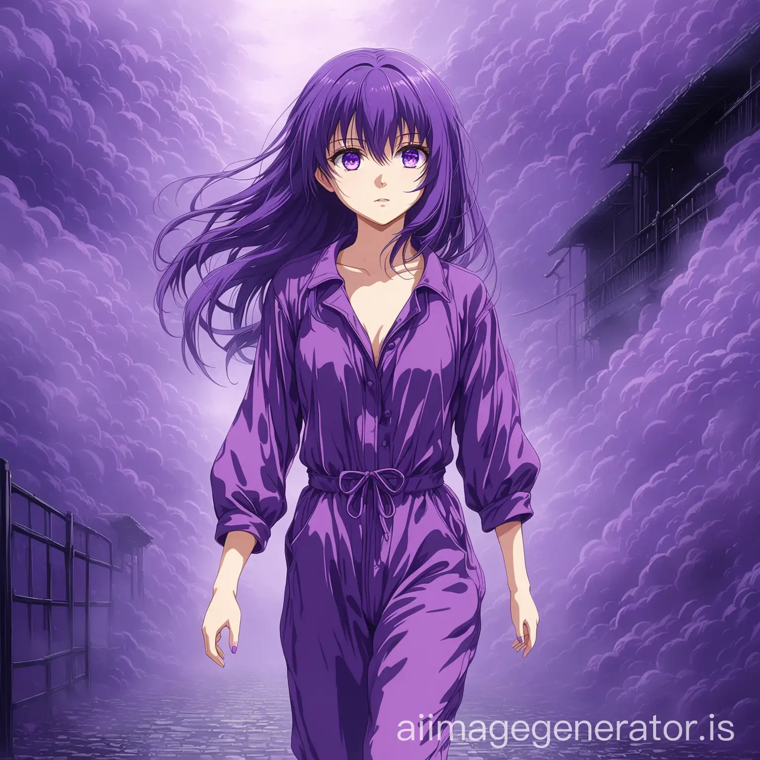 pretty anime girl, purple hair, purple eyes, in a purple jumpsuit, walking in purple mist