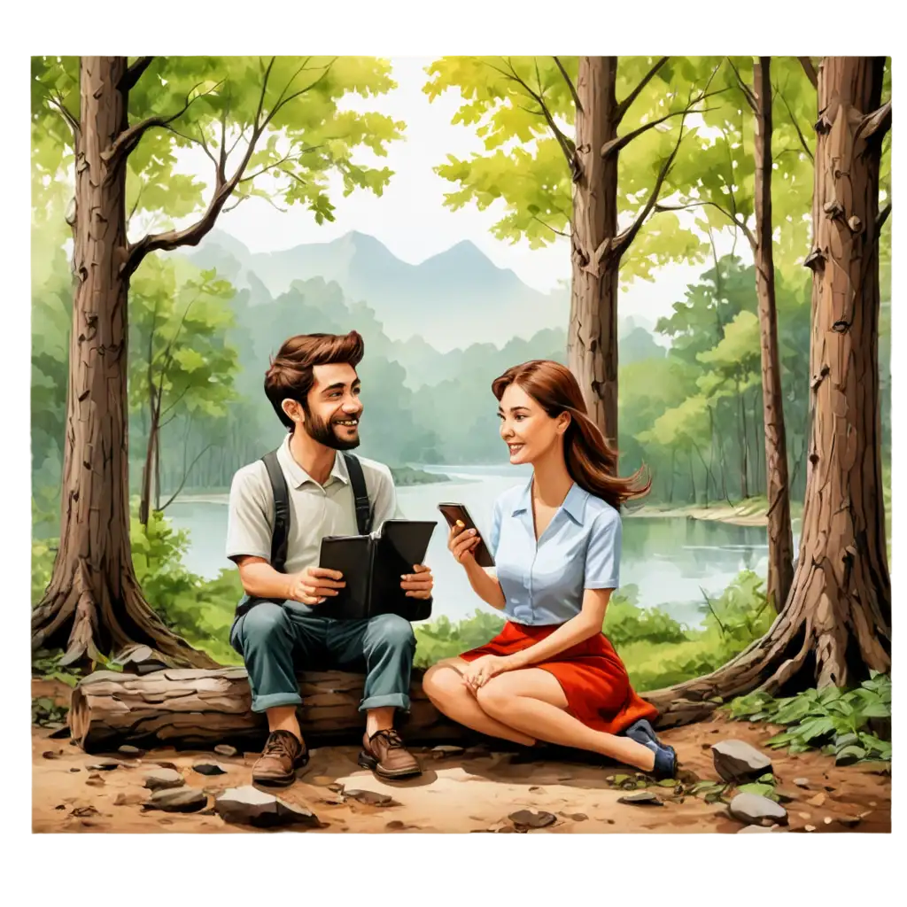 Caricature, husband wife sitting in forest with beautiful scenery