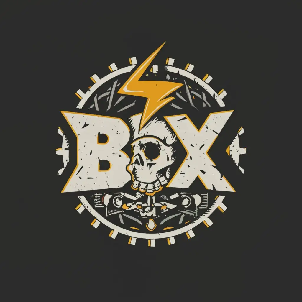 a logo design,with the text "BDX", main symbol:circle, lighting, skull, Gear, Band,Moderate,clear background