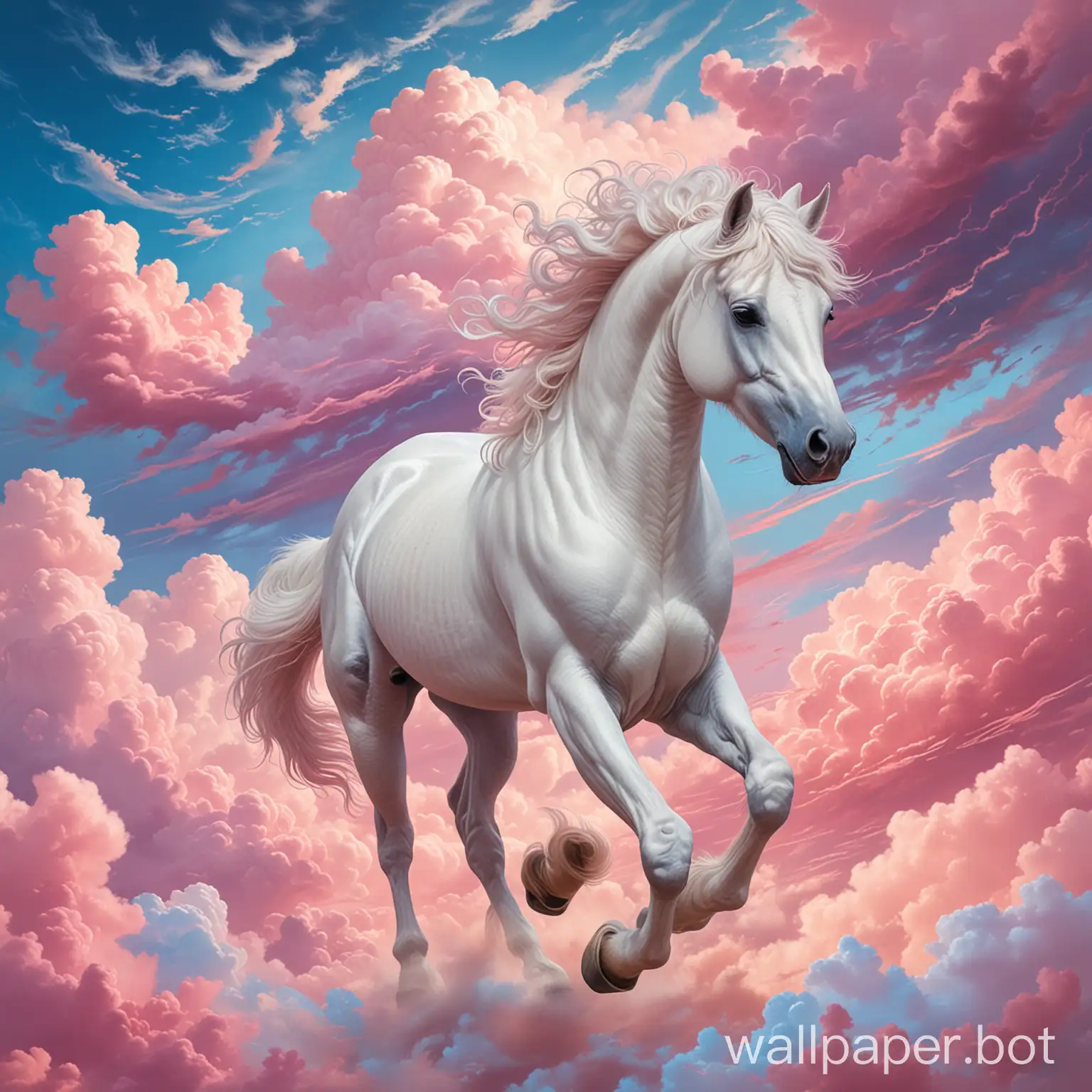 A white horse with a ruffled mane and a cloudy sky is trotting on pink and blue clouds in an emotional space