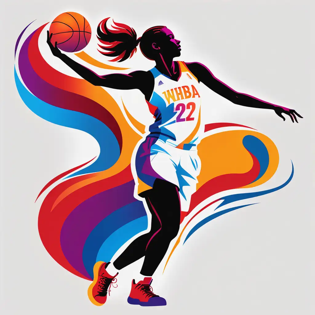 Abstract Insignia with Fiery Reds Electric Blues and Vibrant Yellows Featuring a White Female Basketball Player on a White Background