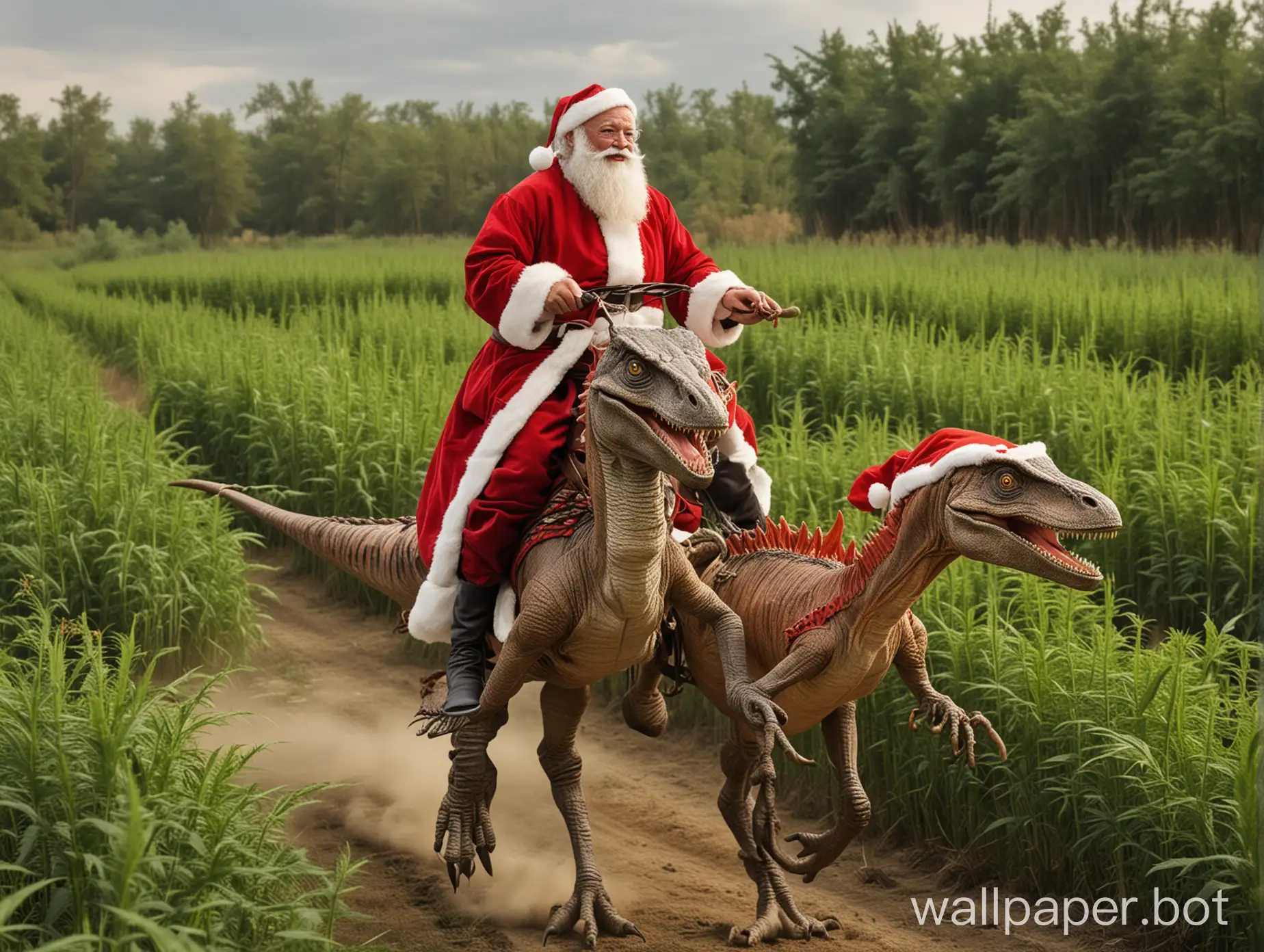 Santa Claus in traditional attire rides a velociraptor through a hemp field with tall bushes.