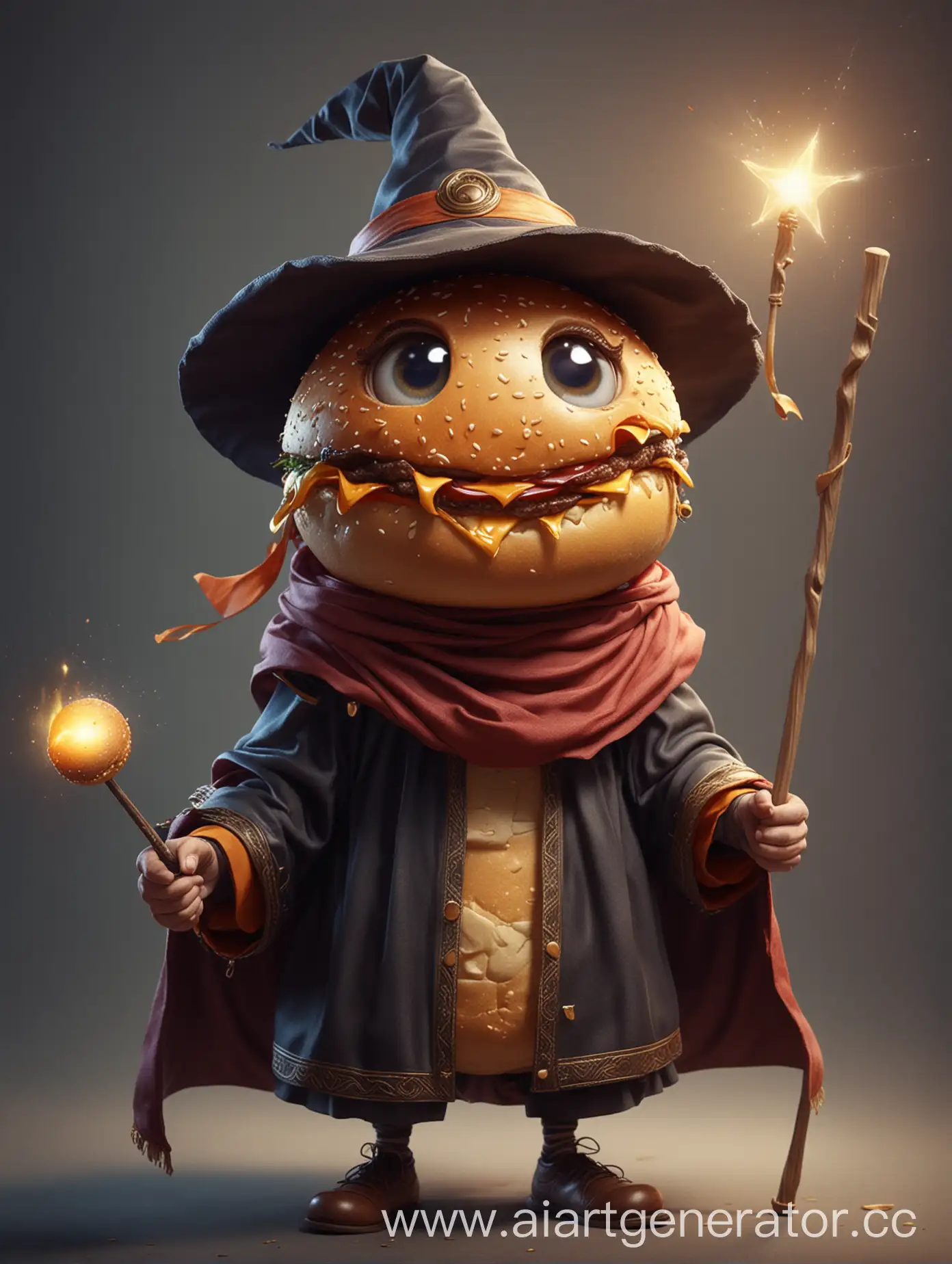 Cartoonish-Burger-Mage-with-Magic-Wand-and-Cloak