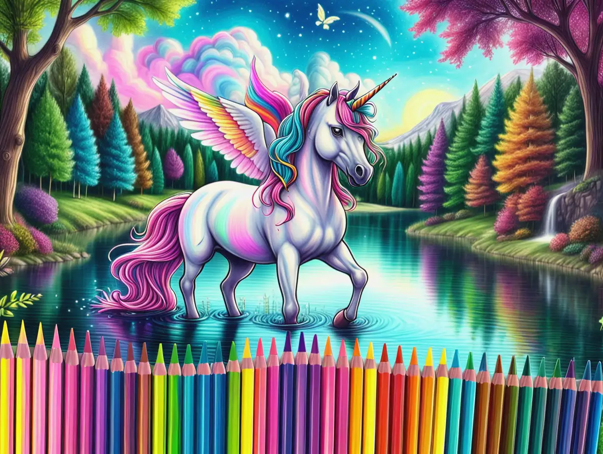 Enchanting Unicorn Lake A Magical Scene Illustrated with Coloring Pencils